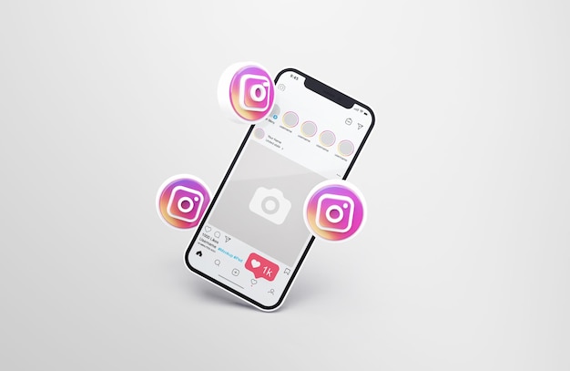 Instagram en maqueta de teléfono móvil blanco con iconos 3d