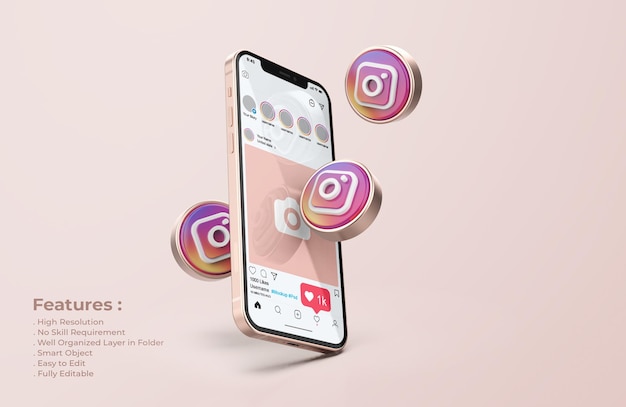 Instagram en maqueta de teléfono móvil de oro rosa
