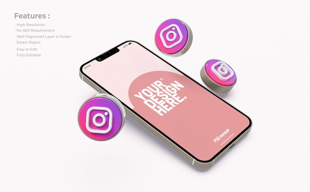 Instagram mockup auf dem handy mit 3d-symbol