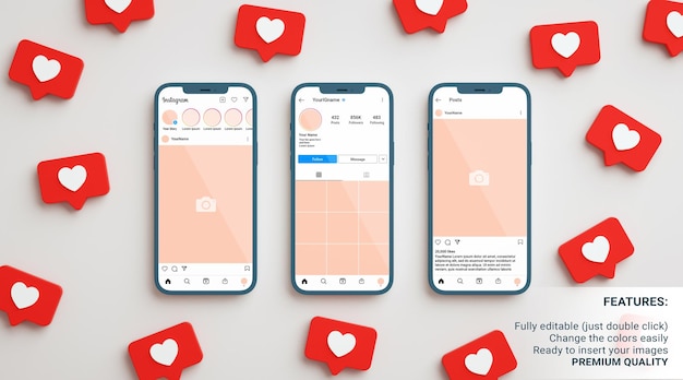Instagram-mockup von feed-, profil- und post-schnittstellen mit top-view-telefonen, umgeben von ähnlichen benachrichtigungen. 3d-rendering