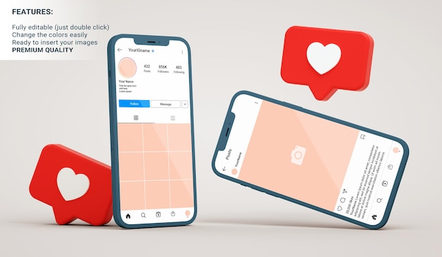 Instagram-Mockup von Profil- und Post-Schnittstellen auf Smartphones mit ähnlichen Benachrichtigungen im 3D-Rendering