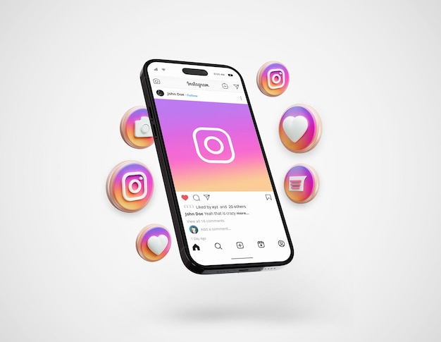 Instagram na maquete do telefone móvel preto com ícones 3d