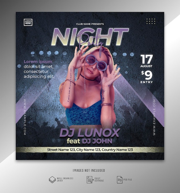 Instagram post club dj party night flyer para postagem de mídia social