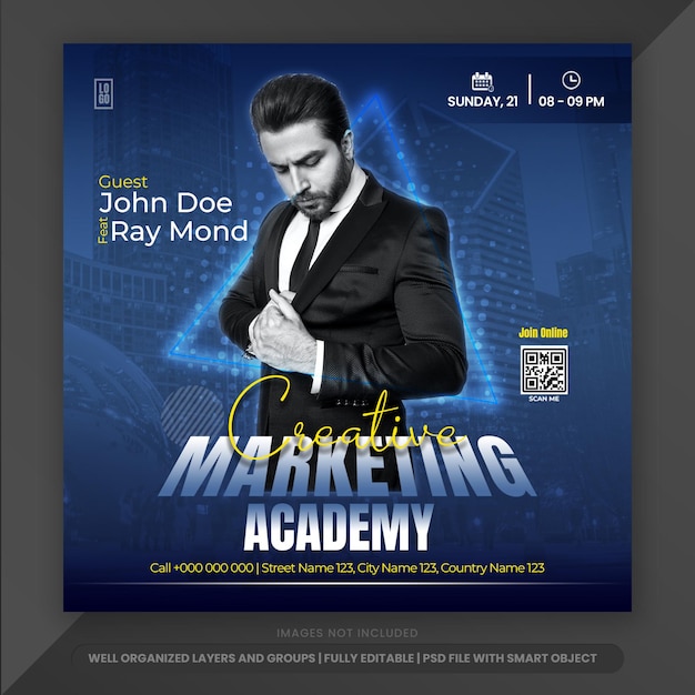 PSD instagram post marketing academy live-webinar-flyer für banner-vorlage