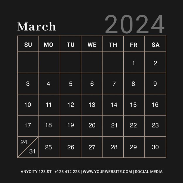 PSD instagram post marzo calendario escritorio 2024 plantilla y planificador de pared anual calendario diseño psd