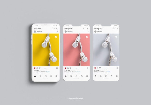 Instagram-Post-Mockup mit Interface-Vorlage und Lehm-Handy-Bildschirm isoliert 3D-Rendering
