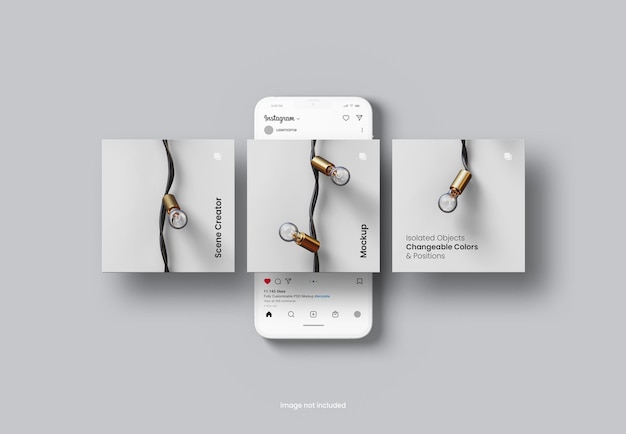 PSD instagram-post-mockup mit interface-vorlage und ton-handy-bildschirm isoliert 3d-rendering