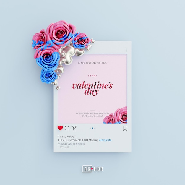 Instagram Post Mockup mit Valentine Vibes, verziert mit süßen Rosen und Liebesherzen