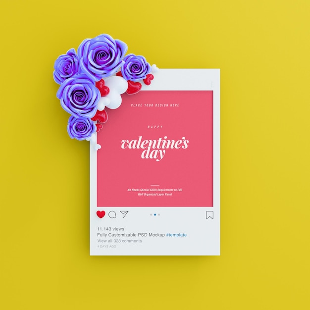 Instagram post mockup mit valentine vibes, verziert mit süßen rosen und liebesherzen