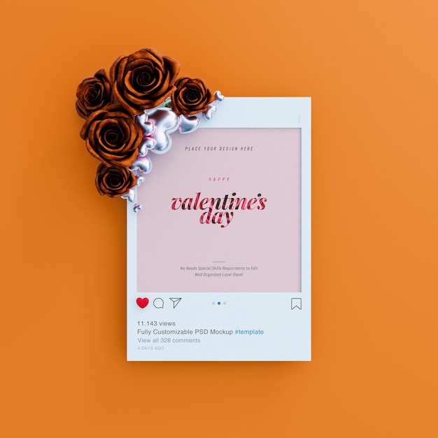 PSD instagram post mockup mit valentine vibes, verziert mit süßen rosen und liebesherzen