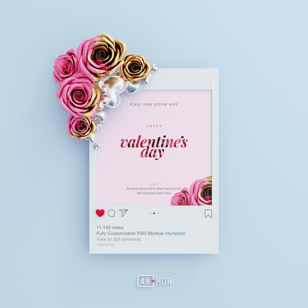 Instagram post mockup mit valentine vibes, verziert mit süßen rosen und liebesherzen