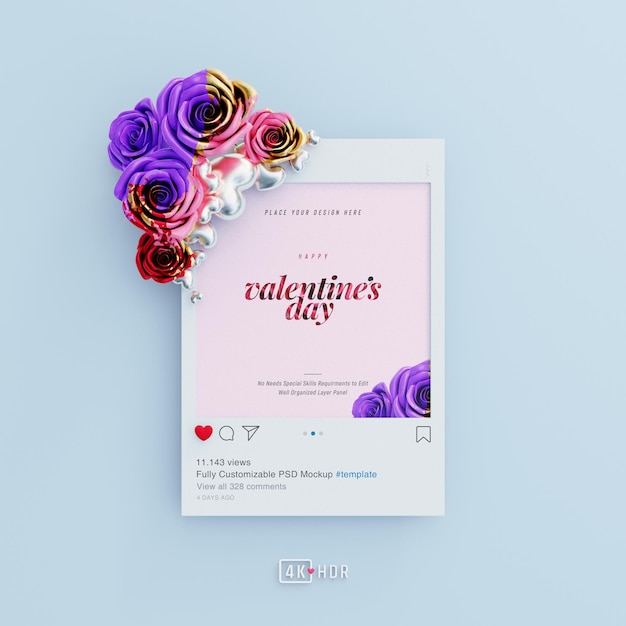 Instagram post mockup mit valentine vibes, verziert mit süßen rosen und liebesherzen