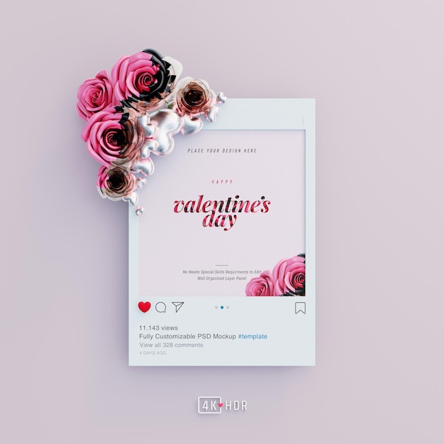 Instagram post mockup mit valentine vibes, verziert mit süßen rosen und liebesherzen