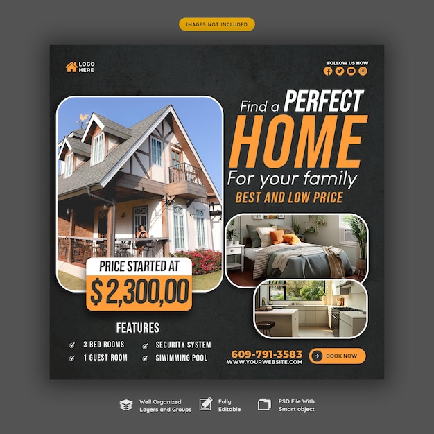 Instagram-Post oder Social-Media-Banner-Vorlage für Immobilien