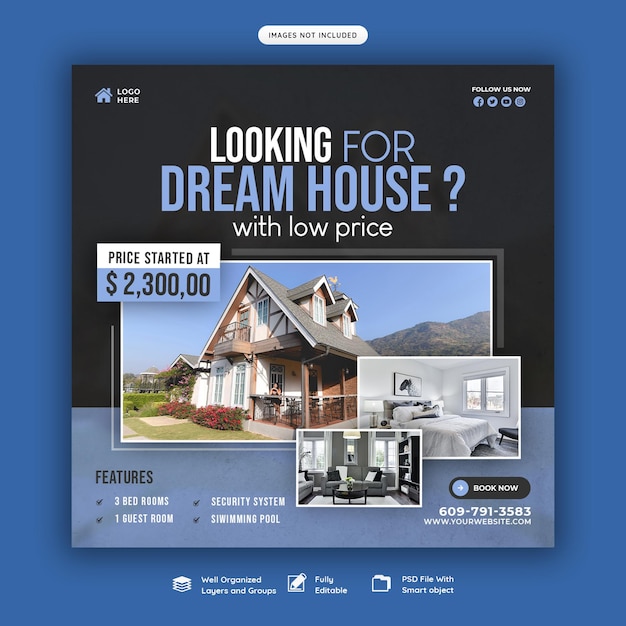 Instagram-Post oder Social-Media-Banner-Vorlage für Immobilien