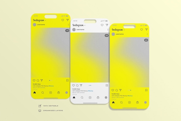 Instagram-post und interface-mockup mit clay-smartphone-bildschirm