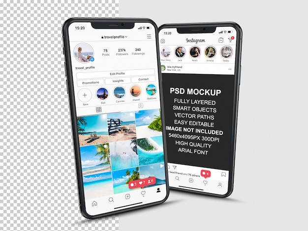 Instagram-Post-Vorlage für Profil- und Feed-Storys auf dem Smartphone. Perspektive Ansicht Handy-Modell