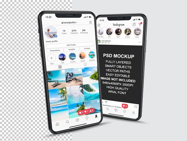Instagram-post-vorlage für profil- und feed-storys auf dem smartphone. perspektive ansicht handy-modell