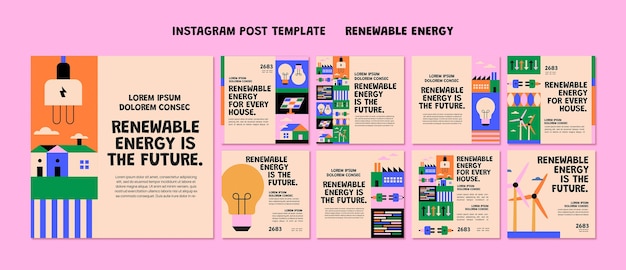 PSD instagram-posts für erneuerbare energien im flachen design