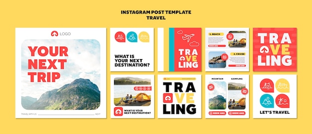 PSD instagram-posts für reisende abenteuer im flachen design