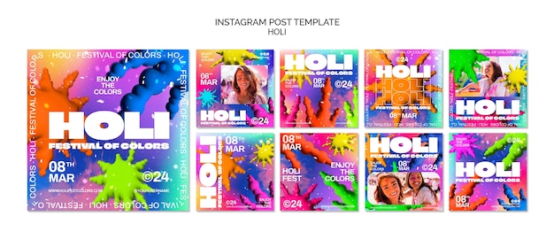 PSD instagram-posts zur feier des holi-festivals.