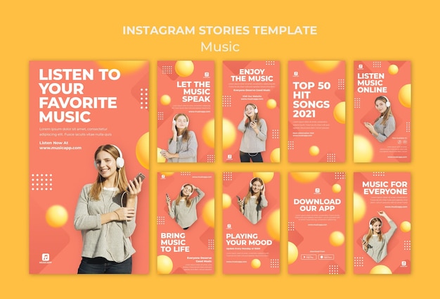 Instagram-Stories-Sammlung zum Online-Streaming von Musik mit einer Frau mit Kopfhörern