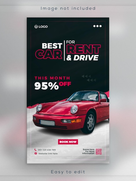 Instagram-story-banner mit sonderangebot für mietwagen und rabatt-post-template-design