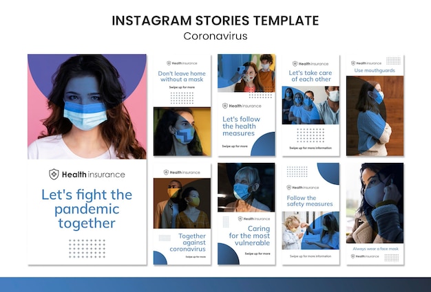 PSD instagram-storysammlung für coronavirus-pandemie mit medizinischer maske