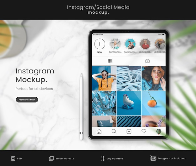 Instagram tablet mockup auf marmortisch mit smart pen