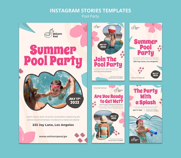 Instagram-Vorlage für Poolpartys im flachen Design