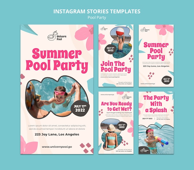 Instagram-vorlage für poolpartys im flachen design