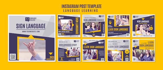 PSD instagram-vorlage zum lernen der sprache im flachen design