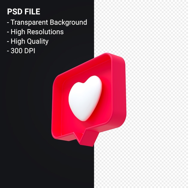 Instagram wie 3d-symbol oder facebook liebe emoji benachrichtigungen 3d-rendering isoliert