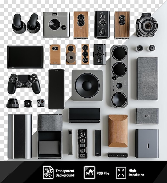 PSD installation de cinéma à domicile isolée avec des haut-parleurs noirs télécommande et caméra sur table blanche et noire png