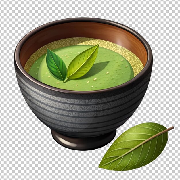 PSD instant-matcha-grüntee in schwarzer schüssel und blatt