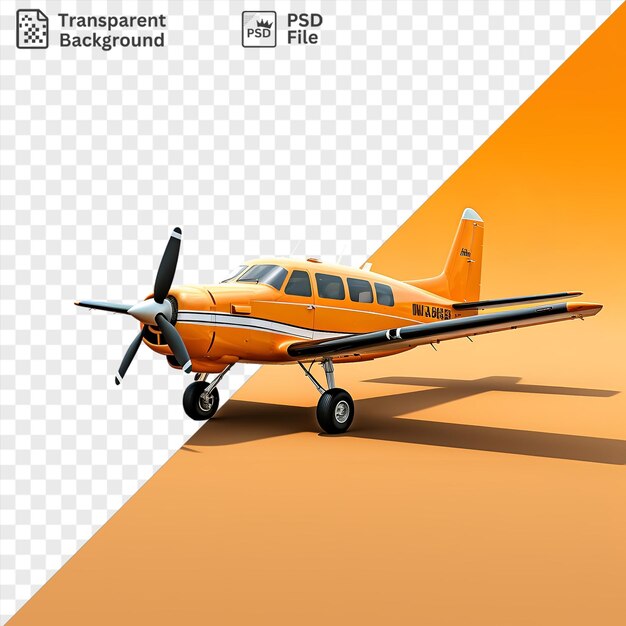 PSD instructores de vuelo fotográficos transparentes y realistas modelo de avión con hélice negra y cola naranja con pequeñas ventanas de vidrio y ruedas negras colocadas contra un cielo narenja con una sombra oscura