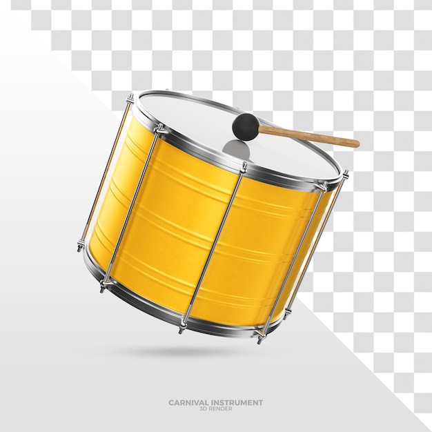 Instrumento bumbo de tambor amarelo 3d render para carnaval