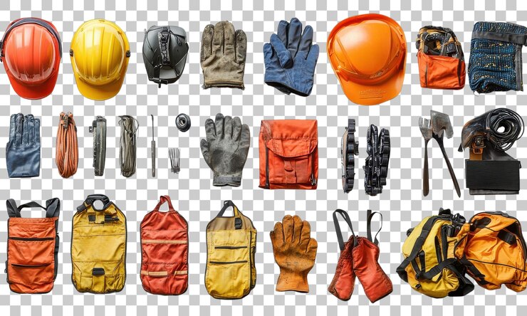 PSD instrumentos y equipos esenciales para los trabajadores de la construcción en colores vibrantes en exhibición