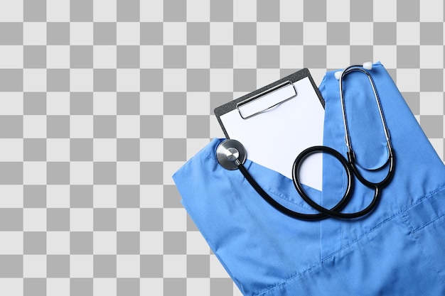 Instrumentos médicos y trajes azules exhibidos para el Día Mundial de los Médicos en honor a los trabajadores de la salud aislados en PNG blanca