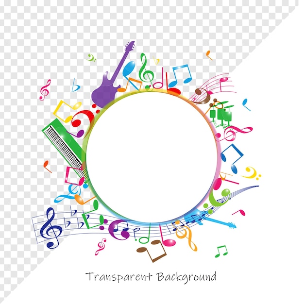 Instrumentos musicais coloridos e notas em uma moldura circular