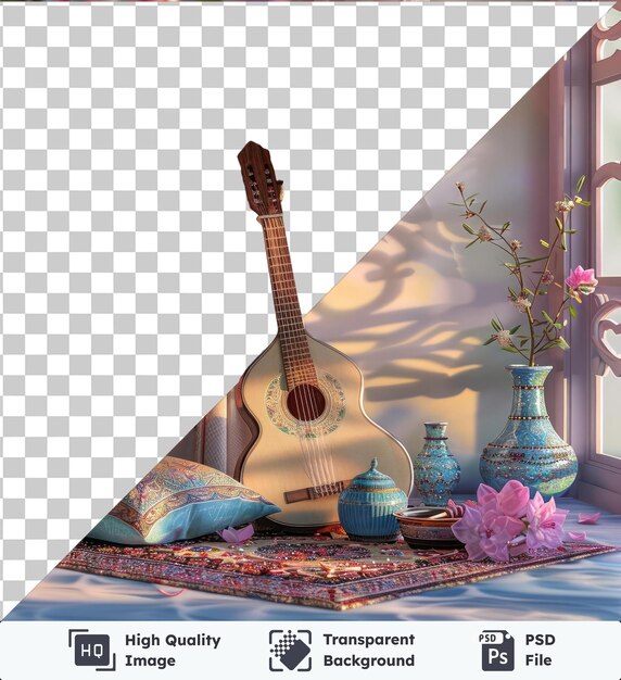 PSD instrumentos musicais tradicionais de alta qualidade transparente psd eid al fitr exibidos em uma mesa azul adornada com flores cor-de-rosa e um vaso azul acompanhado por um travesseiro e uma cortina branca