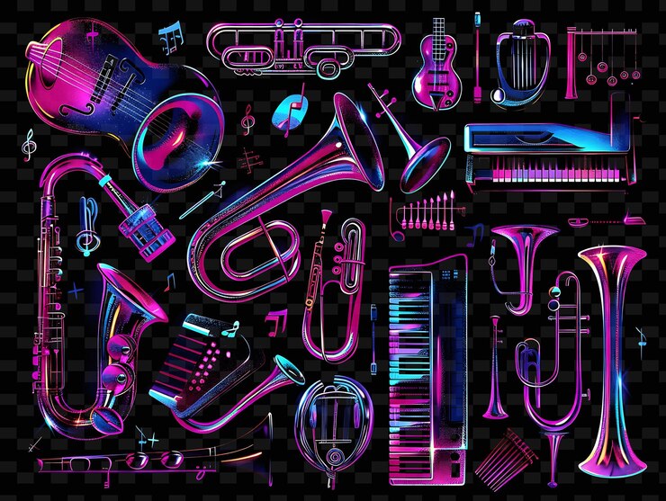 PSD los instrumentos musicales brillantes se superponen los instrumentos musicales y2k la textura la forma el fondo el arte de la decoración
