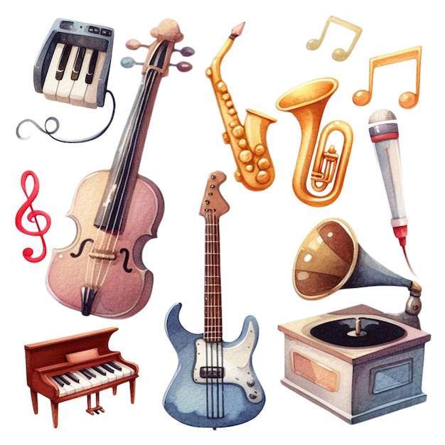 PSD instrumentos musicales cliparts acuarela