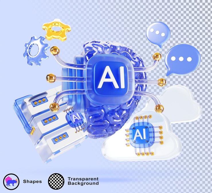 PSD inteligência artificial 3d fundo azul cérebro humano de vidro futurista com chip ai servidor de dados nuvens bolhas de fala e engrenagens conceito de ciência e tecnologia render web banner