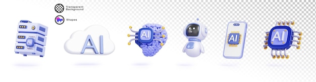 Inteligência artificial Set de ícones de renderização 3D Chatbot robô AI chip cérebro servidor de dados nuvem e telefone móvel Inovação tecnologia ciência e negócios elementos de design isolados