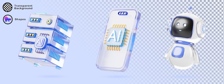 PSD inteligencia artificial vidrio 3d icono render set chatbot robot servidor de datos de carácter teléfono móvil con chip de ia aislado en fondo azul tecnología informática linda bot futurista