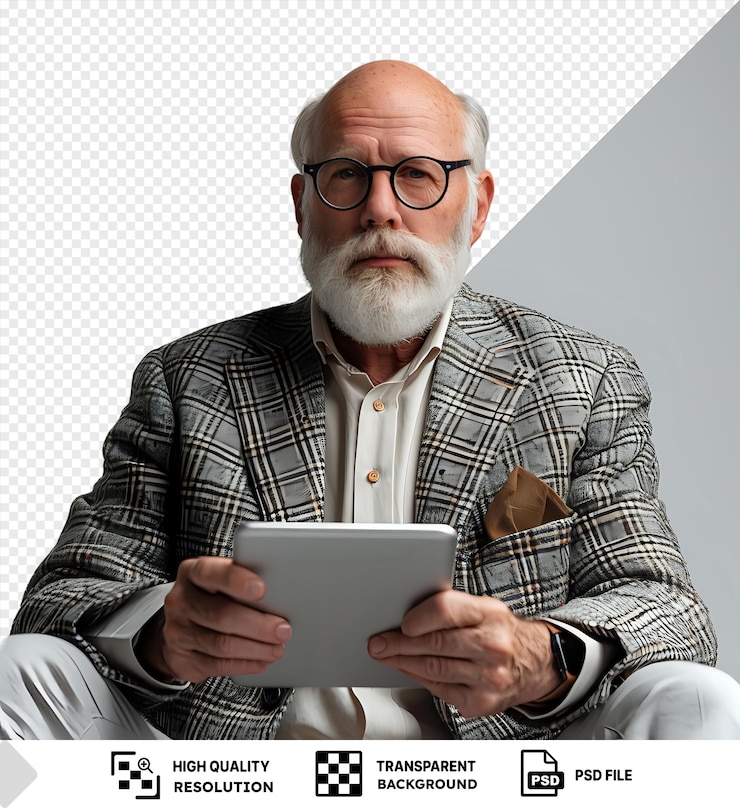 PSD inteligente caucásico maduro de mediana edad senior freelance abuelo ceo jefe profesor usando tableta digital para trabajo remoto en línea viendo seminarios web aislados en fondo aislado png