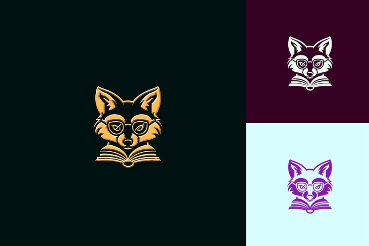 PSD inteligente logotipo de mascota de zorro con un libro y gafas diseñadas con lindos diseños vectoriales abstractos