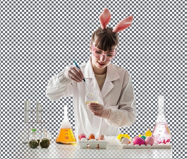 Intelligent Bunny Ear Scientist Model in un camico da laboratorio isolato su uno sfondo trasparente