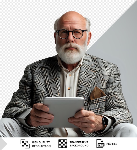 PSD intelligent caucasien mature d'âge moyen indépendant senior grand-père pdg patron professeur utilisant une tablette numérique pour le travail à distance en ligne regarder des webinars isolés en arrière-plan isolé png